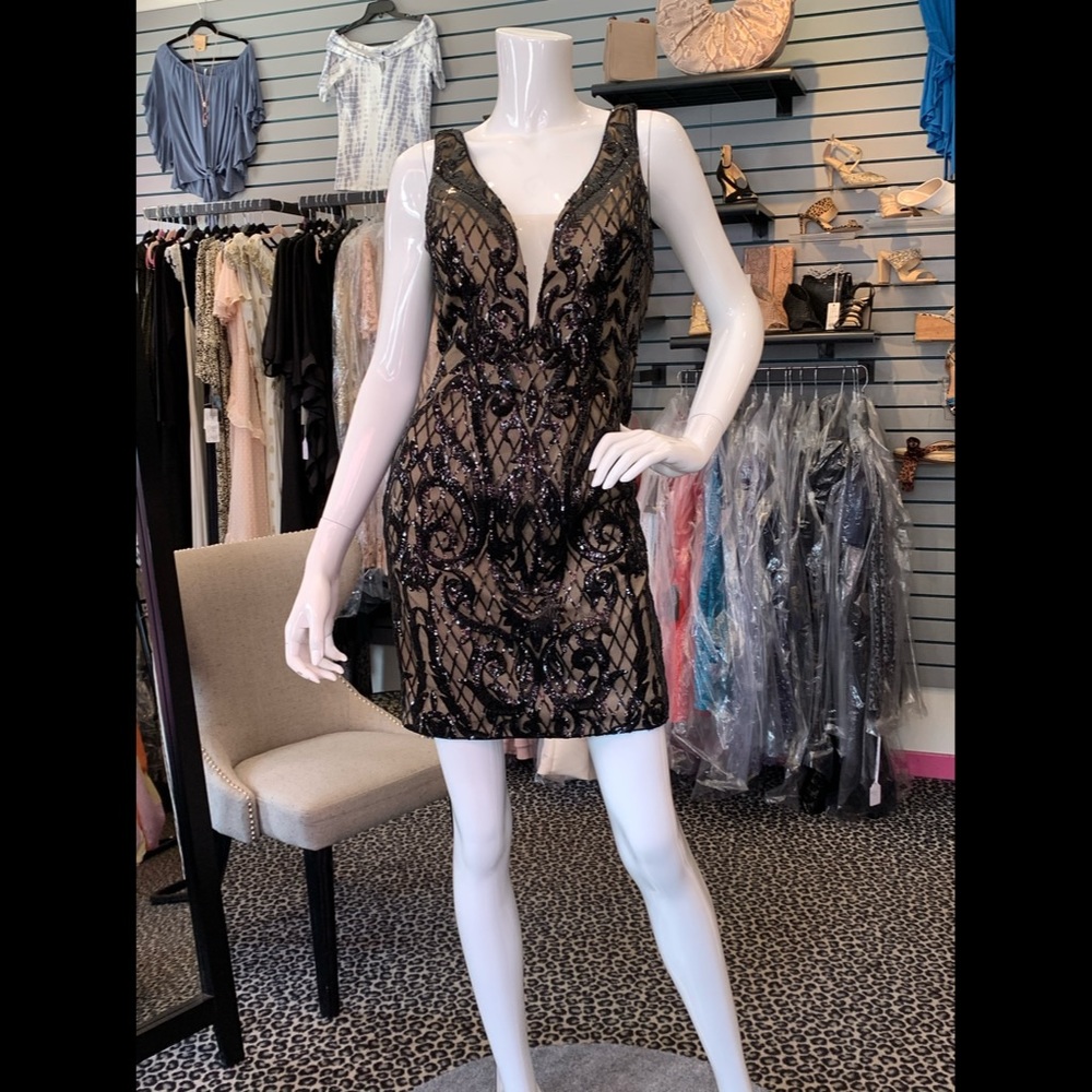 Alyce black sequin patterned illusion mini dress